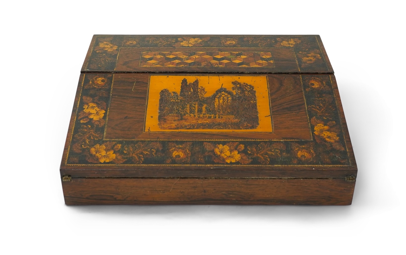 A Tunbridge ware rosewood writing slope, mid 19th century